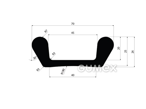Gumový profil pre vodné diela tvaru "U", 26x70/45mm, 70°ShA, EPDM, -40°C/+100°C, čierny